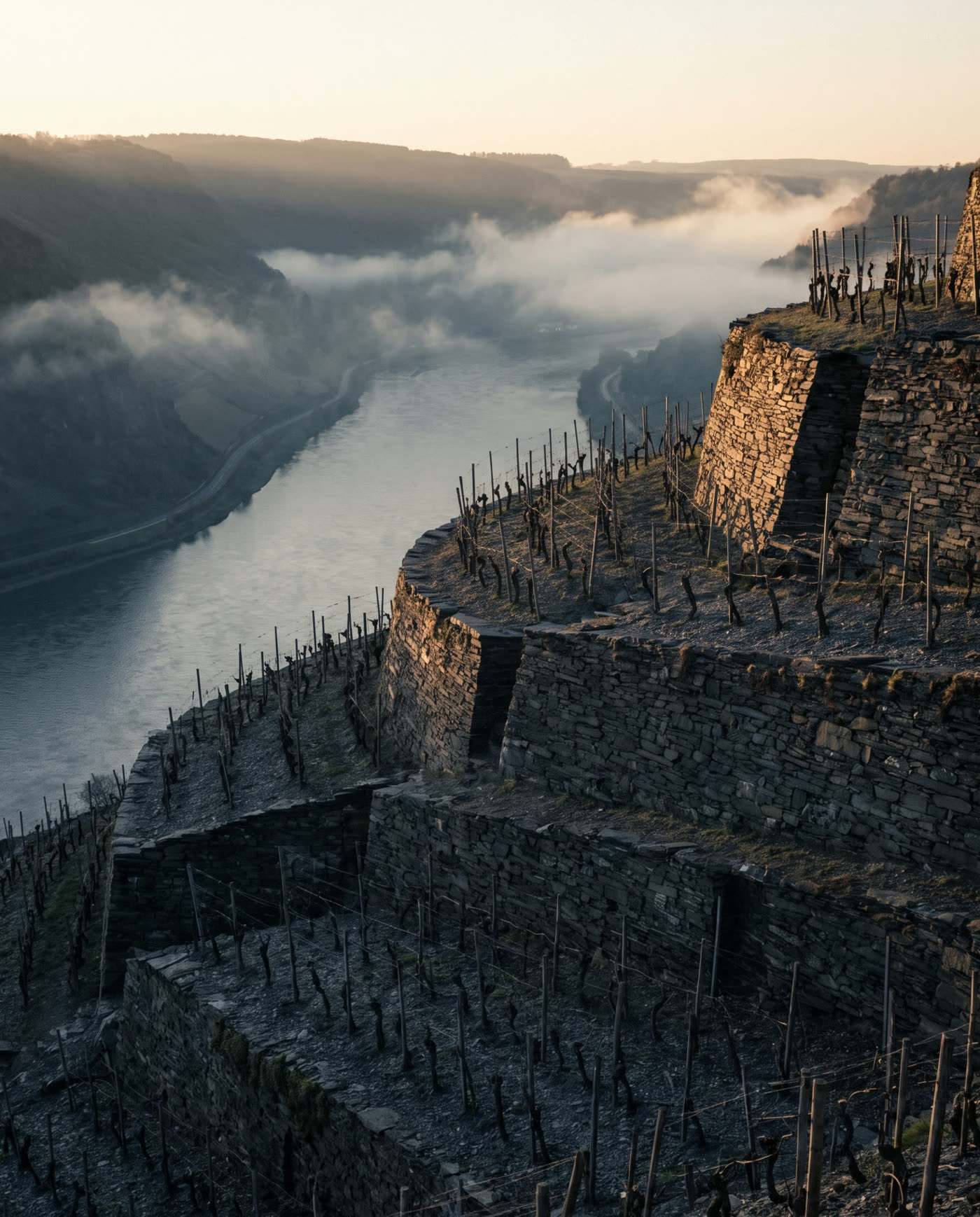 Steillage im Morgenlicht über dem Rhein