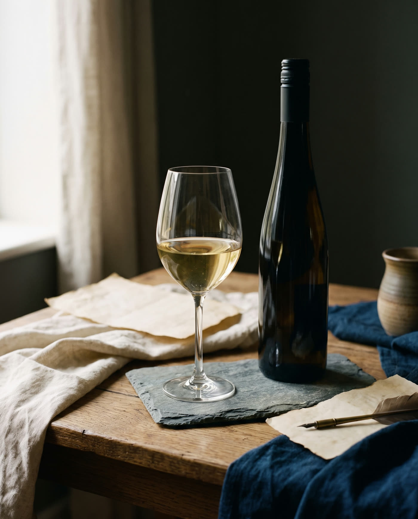 Wein und Glas am Holztisch