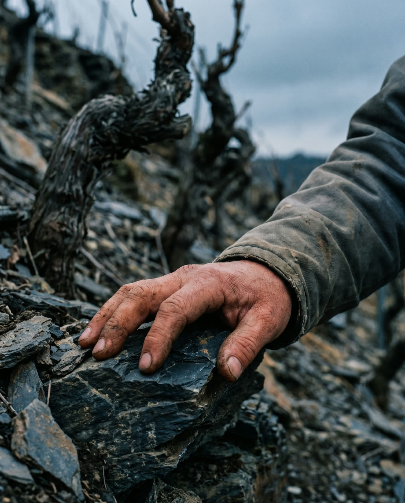 Hand am Schiefer im Steilhang